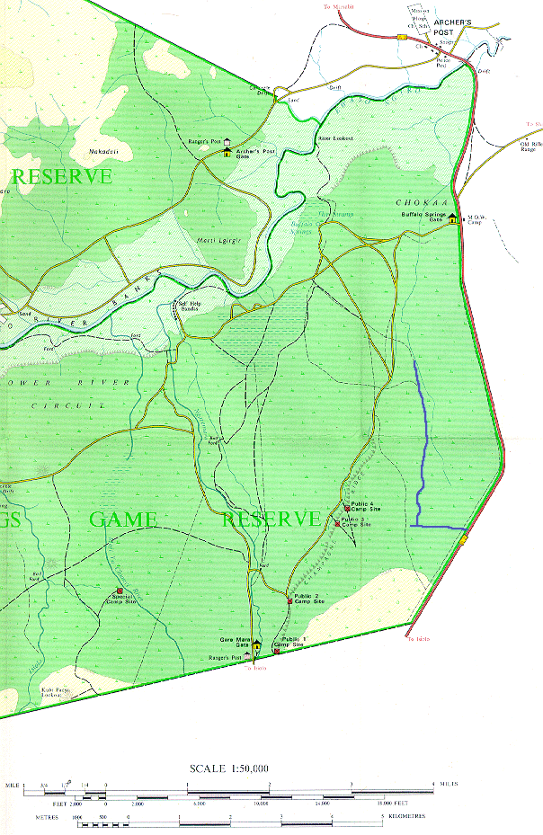 Karte der östlichen Buffalo Springs Game Reserve und der Isiolo Road