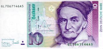 German 10 DM bank note with Gauss curve in the center